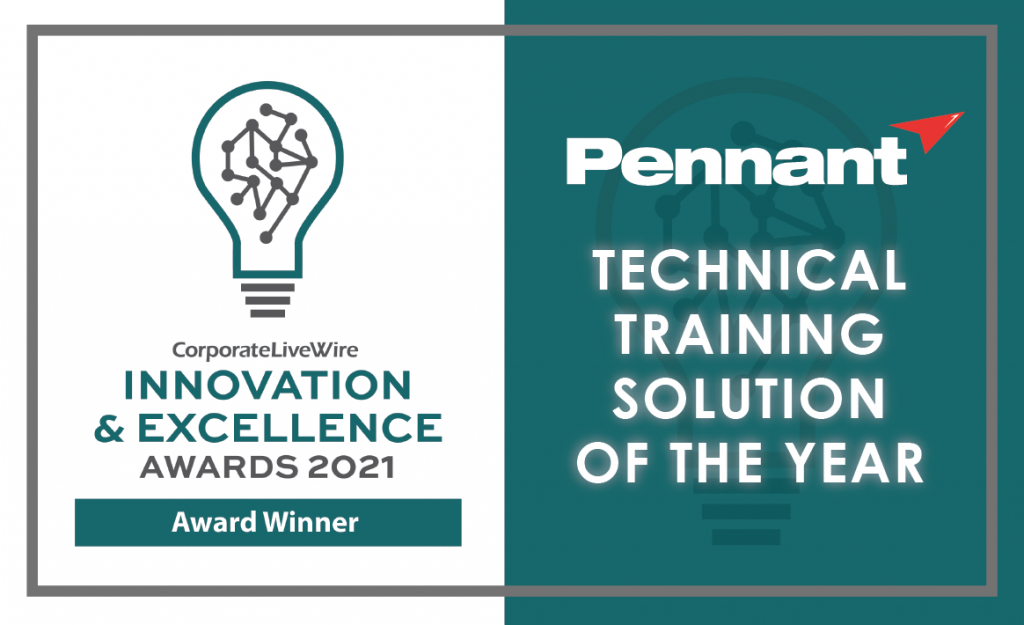 On the left side, there’s a teal certificate with a white border and a light bulb icon that has a brain pattern inside it. Below the icon, it reads “CorporateLiveWire INNOVATION EXCELLENCE AWARDS 2021 Award Winner.” On the right side, there’s a dark blue certificate with red accents and the Pennant logo in red and white at the top right corner. The text on this certificate states “TECHNICAL TRAINING SOLUTION OF THE YEAR.”