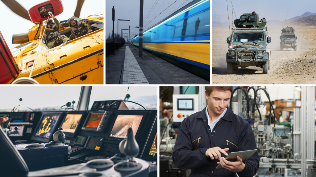 A collage of six images showcasing various modes of transportation and technology. Top left: a person in a yellow aircraft cockpit. Top center: a blue train passing through a station. Top right: an off-road vehicle driving through desert terrain. Bottom left: a close-up of control panels with screens and joysticks. Bottom center: a person in business attire holding a tablet with industrial machinery in the background. Bottom right: complex machinery with tubes and valves.