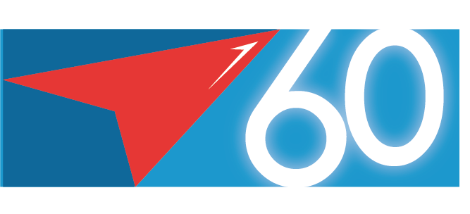 Pennant - Celebrating 60 years of growth and Innovation 6 A red pennant on a blue background. To the right of the image there is the number 60