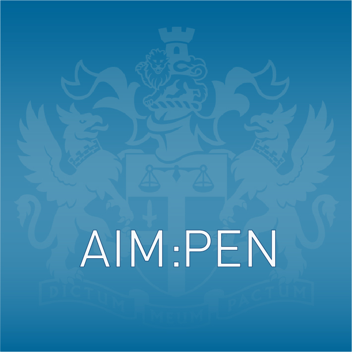 A blue image with the AIM crest on it. There are also the words "AIM:PEN"