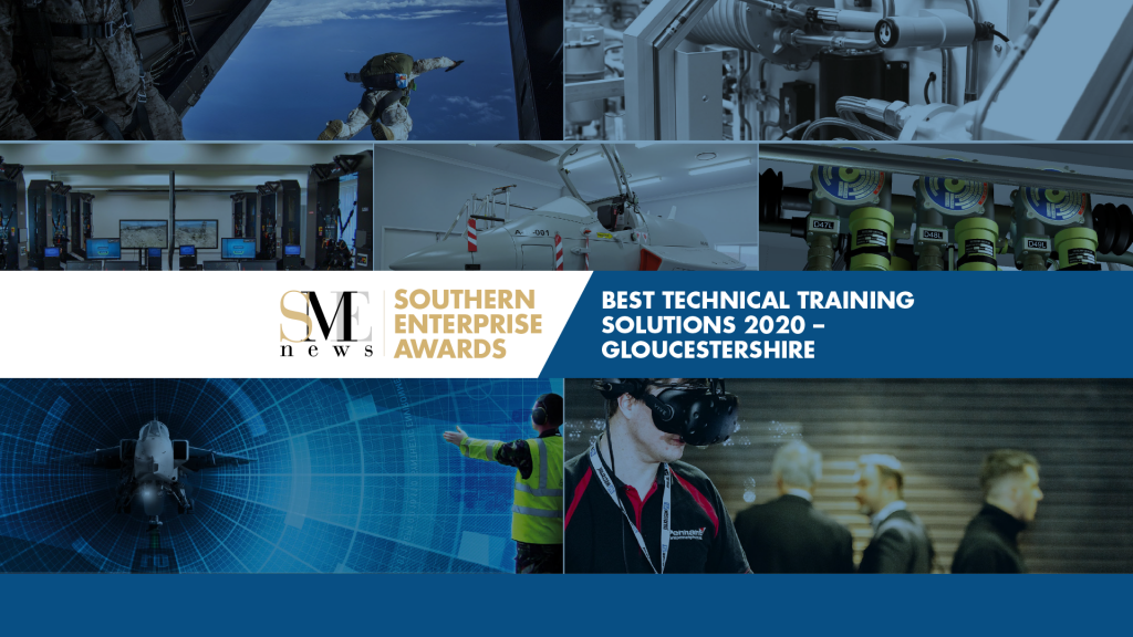 Collage of various technical and industrial images, including astronauts, machinery, and a person using virtual reality equipment, with the text ‘Southern Enterprise Awards NEWS BEST TECHNICAL TRAINING SOLUTIONS 2020 – GLOUCESTERSHIRE’ overlaid on the right side.