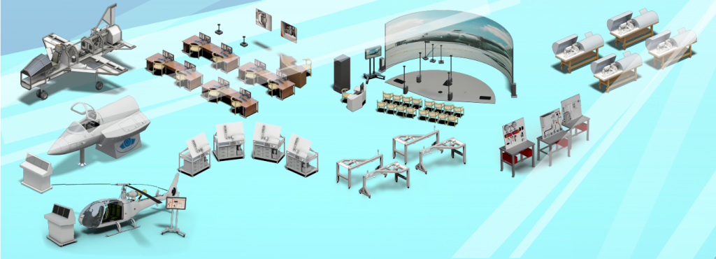 A panoramic illustration of various office and technology equipment spread out over a light blue background, including computers, desks, chairs, a helicopter, and an airplane.