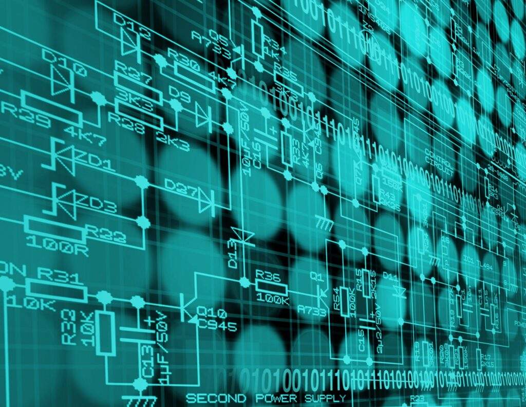 An abstract image featuring a blue-toned digital overlay of electronic circuit diagrams and binary code on a background that suggests a grid or panel, possibly representing data, technology, or cyber concepts.