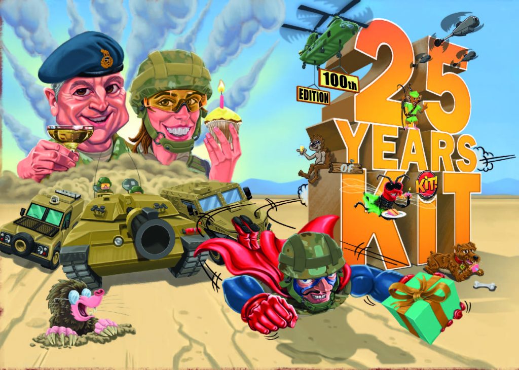 KiT! Magazine celebrates 25 years! 22 A graphically designed army image of tanks and people with the words 25 years of KIT.