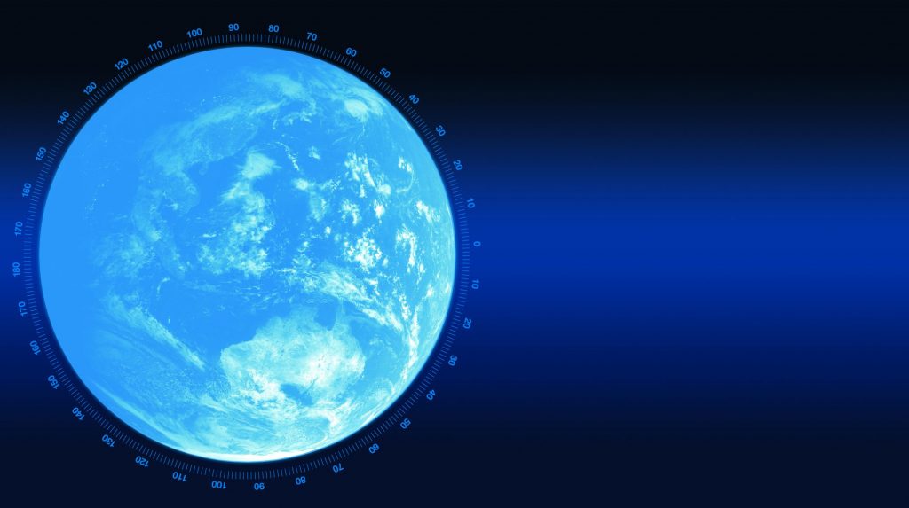 A dark navy background with a picture of the world to the left
