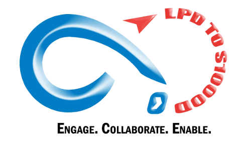 A blue and red logo in the shape of an infinity shape with the words "Engage. Collaborate. Enable"