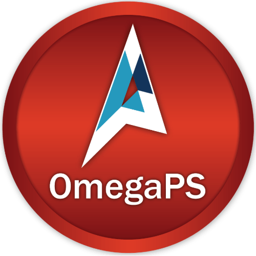 A logo featuring a stylized “A” in blue and white colors on a red circular background, with the text “OmegaPS” below it. The letter “A” is designed with sharp edges and appears three-dimensional. The overall design is sleek and modern.