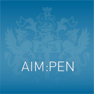 A blue image with the AIM crest on it. There are also the words "AIM:PEN"
