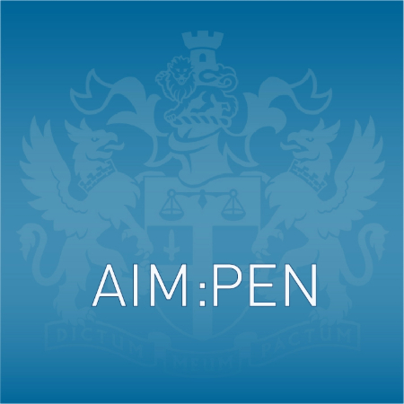 Blue image with the AIM crest for non-executive director and interim CFO announcement with words AIM: PEN