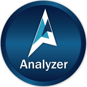 The image appears to be a logo featuring a stylized “A” above the word “Analyzer” on a deep blue circular background. The design is modern and sleek, with a white letter “A” filled with a lighter blue gradient at the center of the circle. Below the “A,” there is white text that reads “Analyzer.” Overall, it gives a professional impression