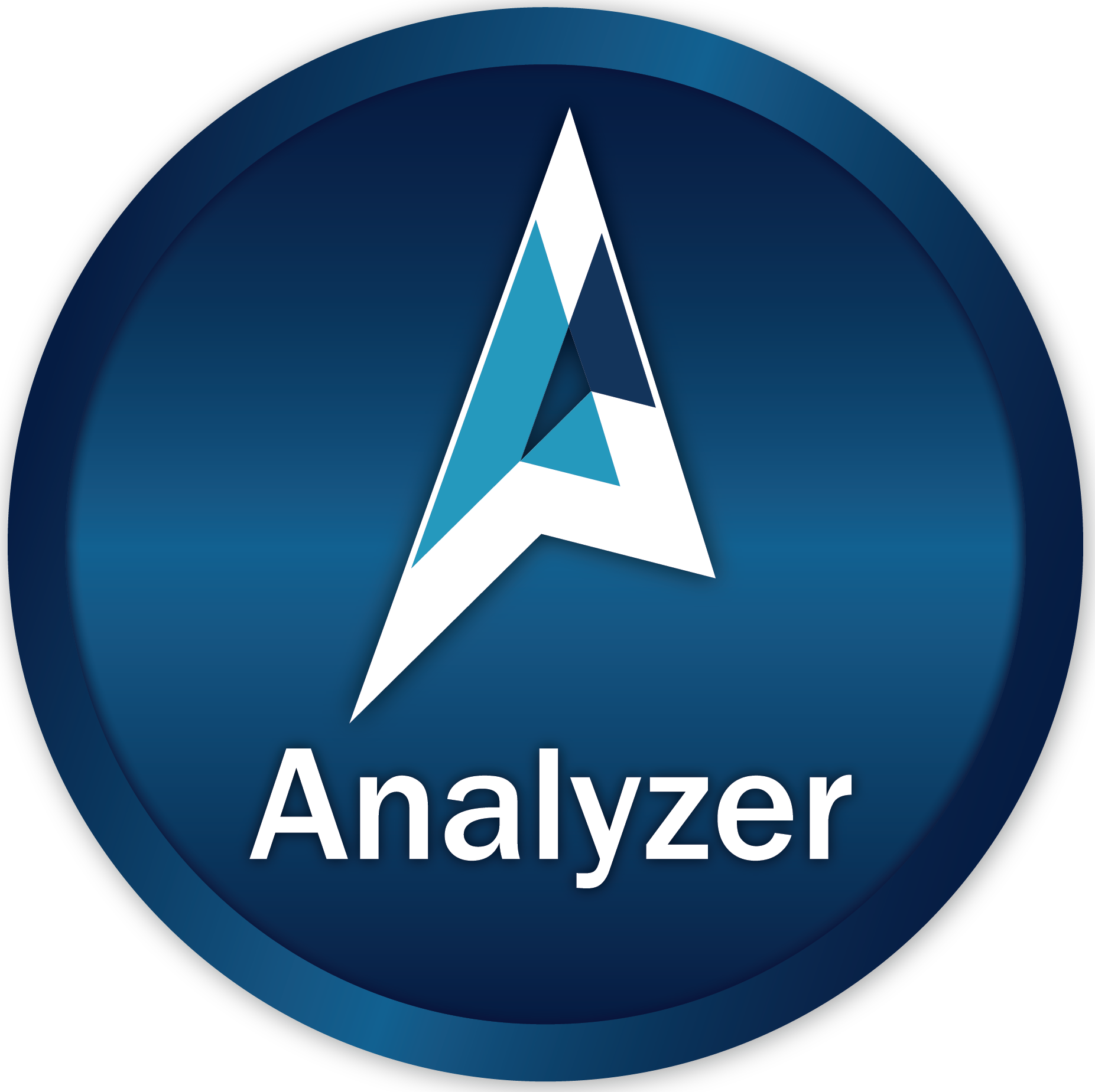 The image appears to be a logo featuring a stylized “A” above the word “Analyzer” on a deep blue circular background. The design is modern and sleek, with a white letter “A” filled with a lighter blue gradient at the center of the circle. Below the “A,” there is white text that reads “Analyzer.” Overall, it gives a professional impression