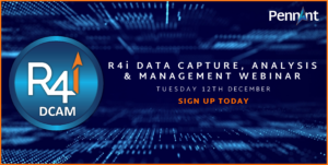 A promotional image for Pennant’s R4i Data Capture, Analysis & Management Webinar scheduled for Tuesday, 12th December. The image features a digital background with blue lines, the ‘R4i DCAM’ logo, and white text announcing the webinar date. An orange call-to-action button invites viewers to sign up.