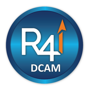 A circular blue logo with white writing in the middle of it. It says "R4i DCAM"