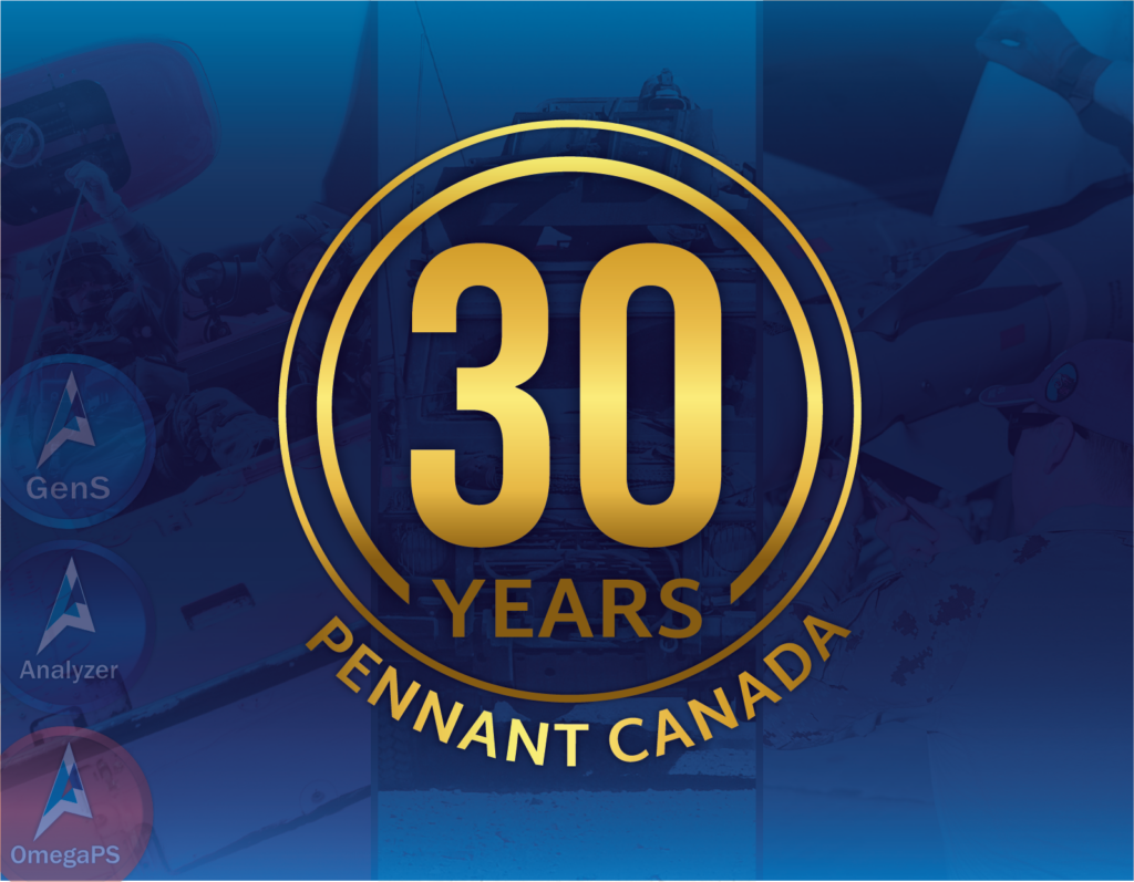 A blue tinted image which has gold writing on it that says "30 years Pennant Canada"