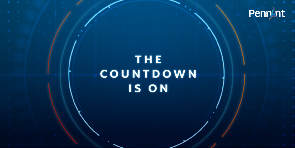 A still image with a blue background on it. There are circles of blue, orange and white on it. There is a Pennant logo in the right corner