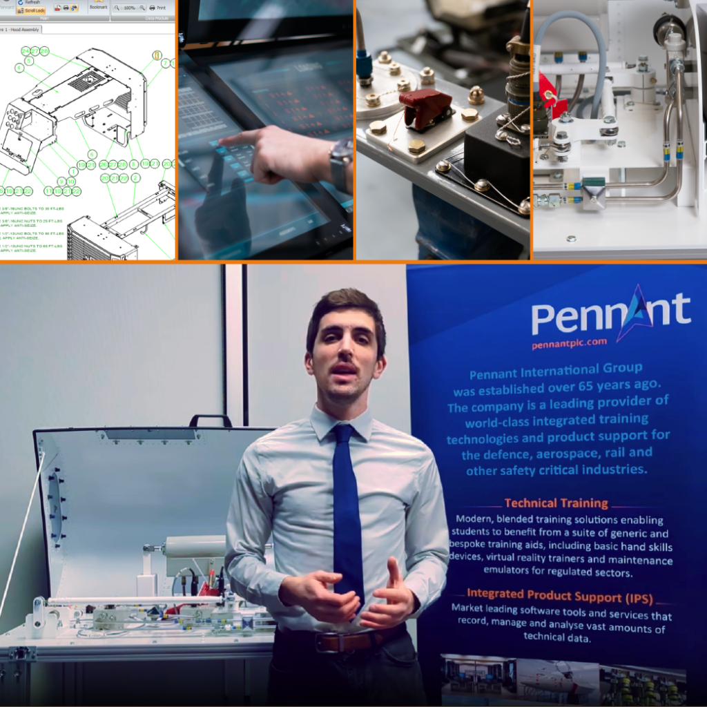A montage image showing technical documentation, trainers and the Pennant logo with a person stood in it.