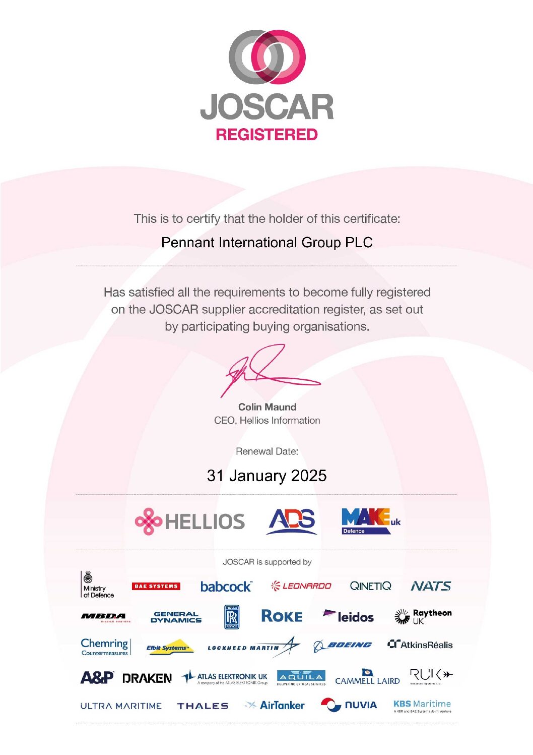 JOSCAR Certificate Pennant International Group PLC pdf