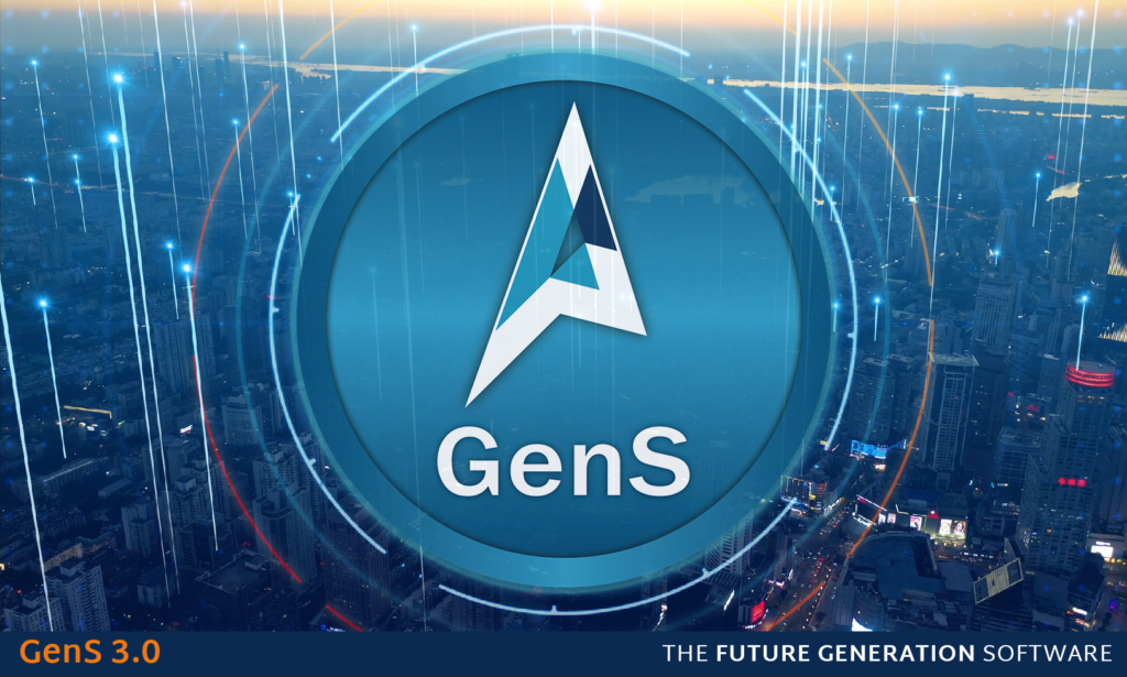 A promotional visual of a city with glowing light beams flashing up. Overlaid on the image is a large circular logo of GenS.