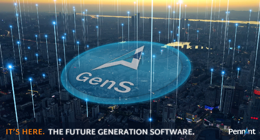 A promotional visual of a city with glowing light beams flashing up. Overlaid on the image is a large circular logo of GenS.