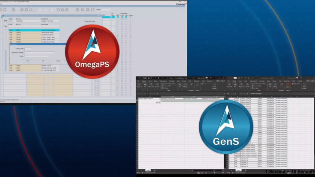 A promotional graphic to show two different integrated product support software's. These are overlaid with the individual product logos which include, one red circle with the word OmegaPS in it and one blue circular logo with the word "GenS" in it