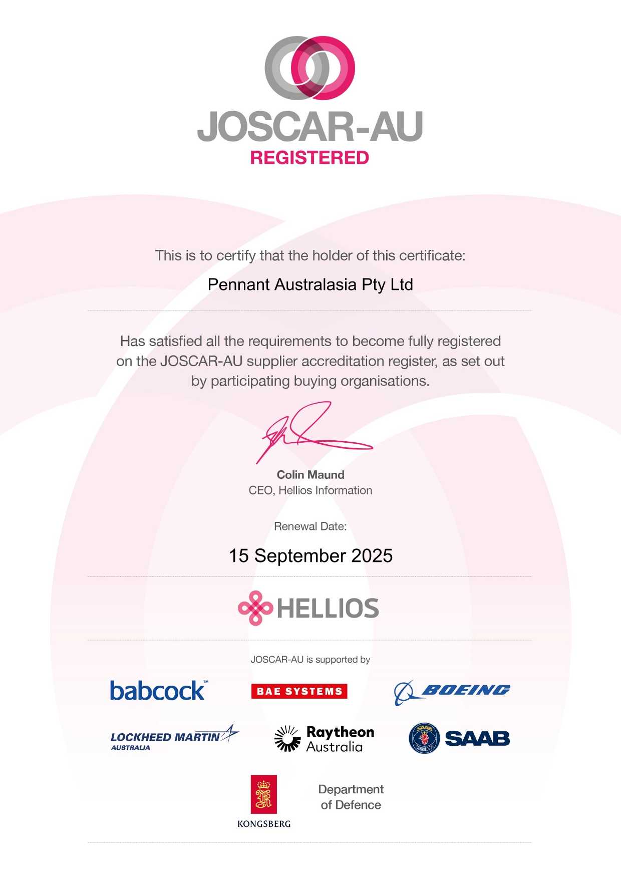 JOSCAR AU Certificate Pennant Australasia Pty Ltd