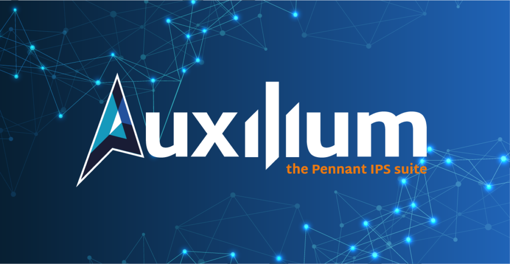 A blue banner with a plexus graphic and with the word Auxilium in white letters.
