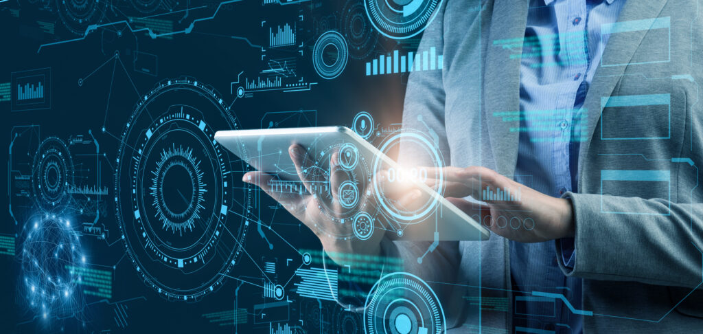 A person using digital tablet to analyze business and financial data