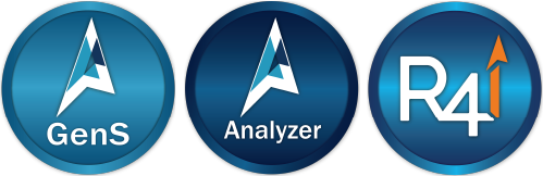 IPS logos - Auxilium page The circular logos in various shades of blue. There is a subtle differences between them. There are the words "Analyzer", "GenS," and "R4i on these three circles in a row.