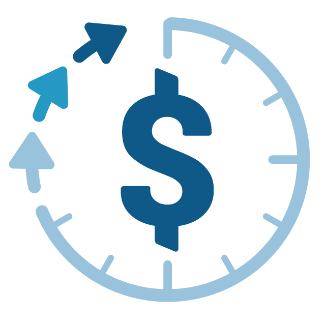 A clock face with arrows in the outer rim and a central dollar sign