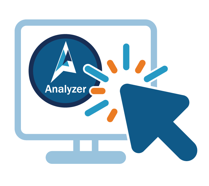 A pc monitor with a pointing blue arrow and the Analyzer logo on screen