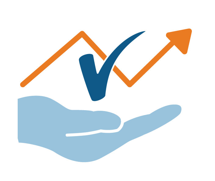 a blue hand with an upwards facing orange arrow and blue tick