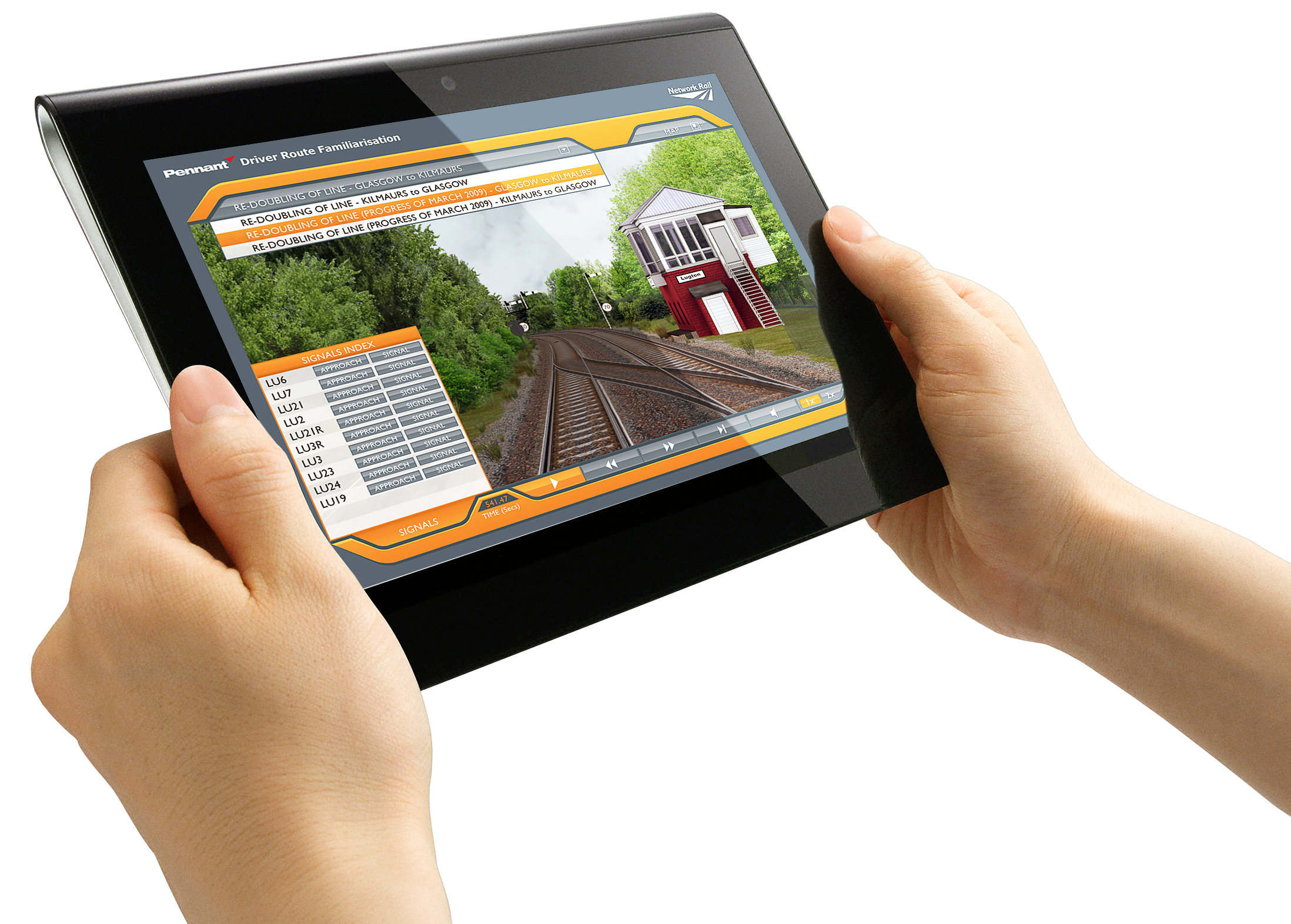 Rail CBT on a tablet two hands holding a tablet with a railway track scene on the screen