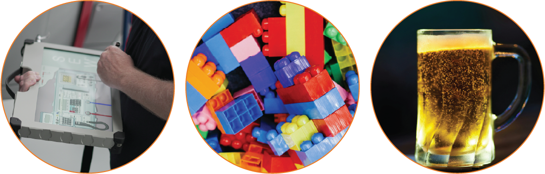 3 image circles, one with a man working on a touch pad, one of colourful lego and one of a cold glass of beer